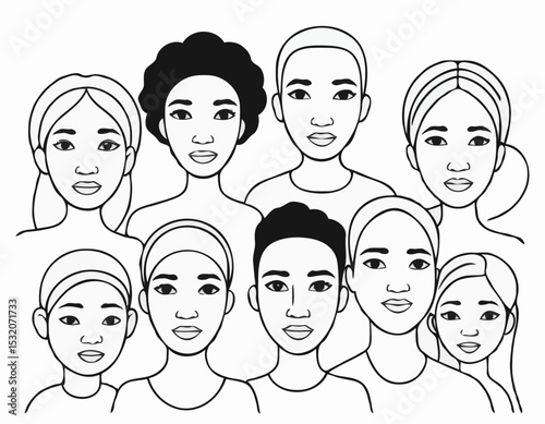 Monochrome Line Drawing of a Group of Multicultural Faces, Symbolizing Diversity, Inclusion, and Equality for Educational Resources and Human Rights Advocacy.