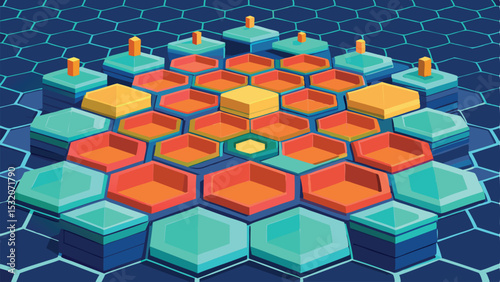 Isometric hexagon pattern design with geometric forms and colored block structures