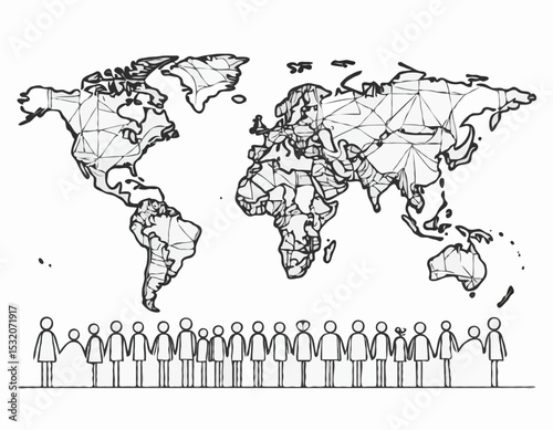 Abstract Line Art Illustration Showing a World Map with Diverse Figures, Highlighting Global Citizenship, International Relations, and Sustainable Development Goals.