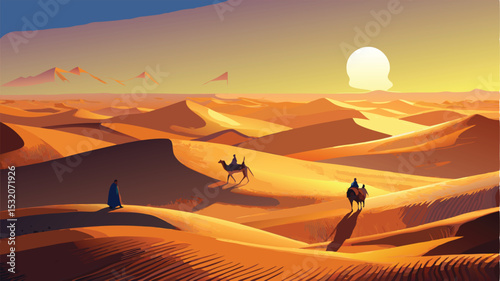 Desert Sahara sunset with golden sand dunes and vast sky, an arid landscape of nature's hot, dry beauty perfect for summer travel adventure