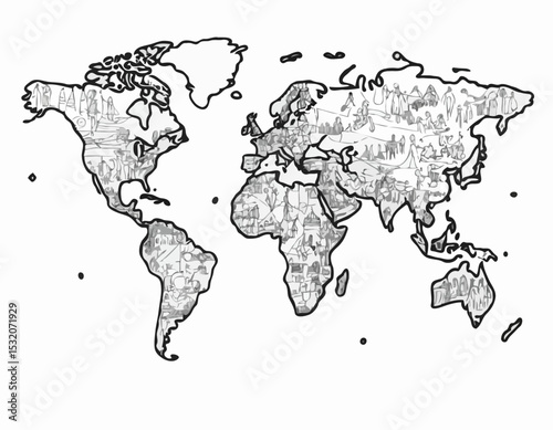 Abstract Line Art Illustration Showing a World Map with Diverse Figures, Highlighting Global Citizenship, International Relations, and Sustainable Development Goals.