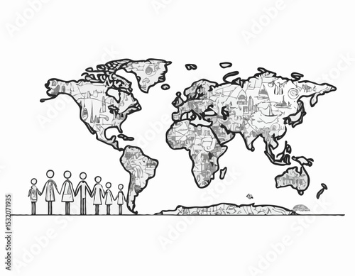 Abstract Line Art Illustration Showing a World Map with Diverse Figures, Highlighting Global Citizenship, International Relations, and Sustainable Development Goals.