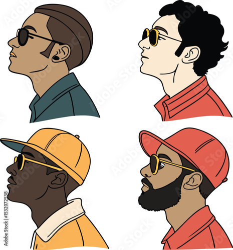 . Stylized Men in Profile Wearing Caps and Glasses