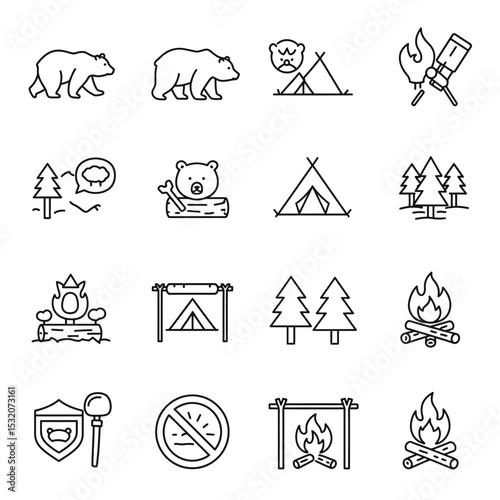 Nature reserve icons set. Nature park. Wildlife refuge, protected ecological area. Resting place with plants, mountains, animals, linear icon collection. Line with editable stroke