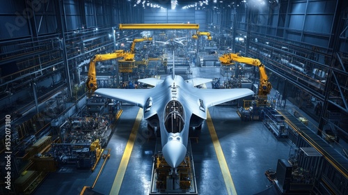 Modern jet aircraft assembly line.  Advanced robotic arms work on a fighter jet in a large hangar.  High-tech manufacturing facility