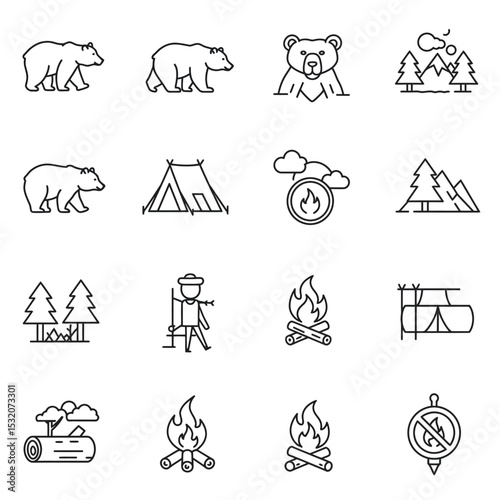 Nature reserve icons set. Nature park. Wildlife refuge, protected ecological area. Resting place with plants, mountains, animals, linear icon collection. Line with editable stroke