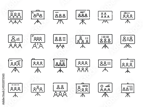 Presentation Board Silhouettes in Line Art Style on White Background – Business Meeting, Teamwork, Conference, Training, and Webinar Concept Icons

