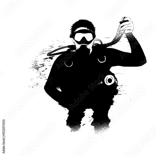 Black and white illustration of scuba diver ready to ascend