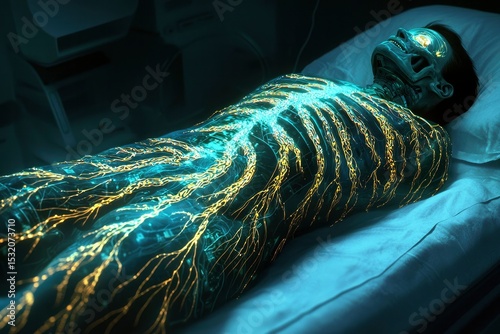 A futuristic display reveals glowing neural pathways and circuits intertwining with a human form