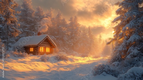 Cozy winter cottage surrounded by snow-covered pine trees, light shining through the windows, smoke rising from the chimney, golden hour light creates a peaceful and festive holiday atmosphere