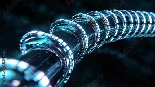 A futuristic glowing conduit spirals through a dark space illuminated with electric blue lights