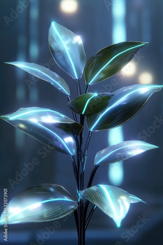 A futuristic plant with glowing leaves illuminates a serene ambient backdrop