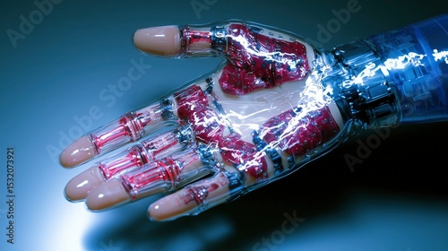 A futuristic robotic hand with intricate wiring and translucent covering rests in a softly lit environment