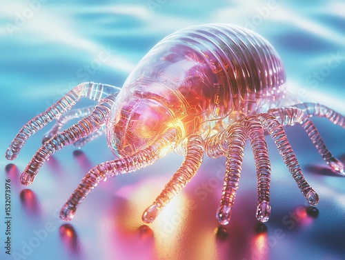 A futuristic translucent robotic spider glows with vibrant colors against a sleek metallic surface