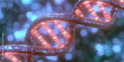 A glowing DNA strand spirals amidst a backdrop of ethereal blue lights