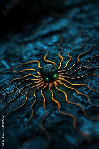 A glowing octopus like creature with luminous eyes extends its tentacles over a digital circuit board