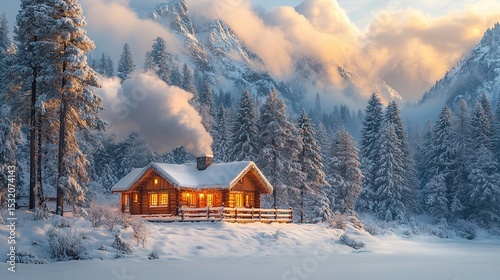 Cozy winter cottage surrounded by snow-covered pine trees, light shining through the windows, smoke rising from the chimney, golden hour light creates a peaceful and festive holiday atmosphere