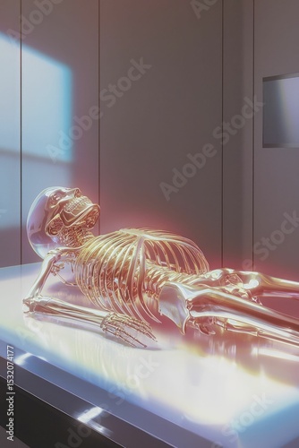 A luminous golden skeleton rests elegantly on a reflective surface bathed in soft colorful light