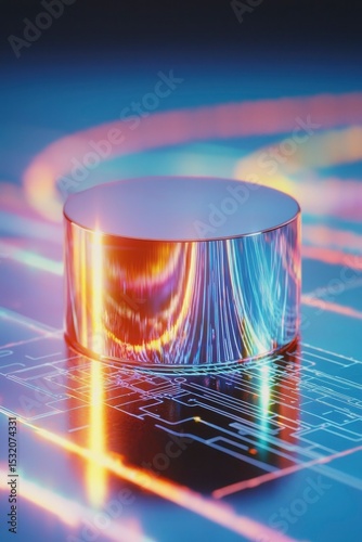 A reflective metallic cylinder rests on an illuminated circuit board surrounded by vibrant neon lights