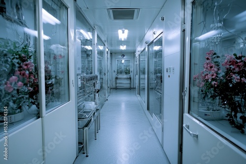 A pristine illuminated hallway lined with glass rooms showcasing vibrant flowers