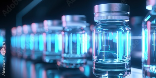 A row of illuminated futuristic vials reflecting neon lights