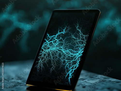 A tablet displaying vibrant blue lightning patterns on a dark background