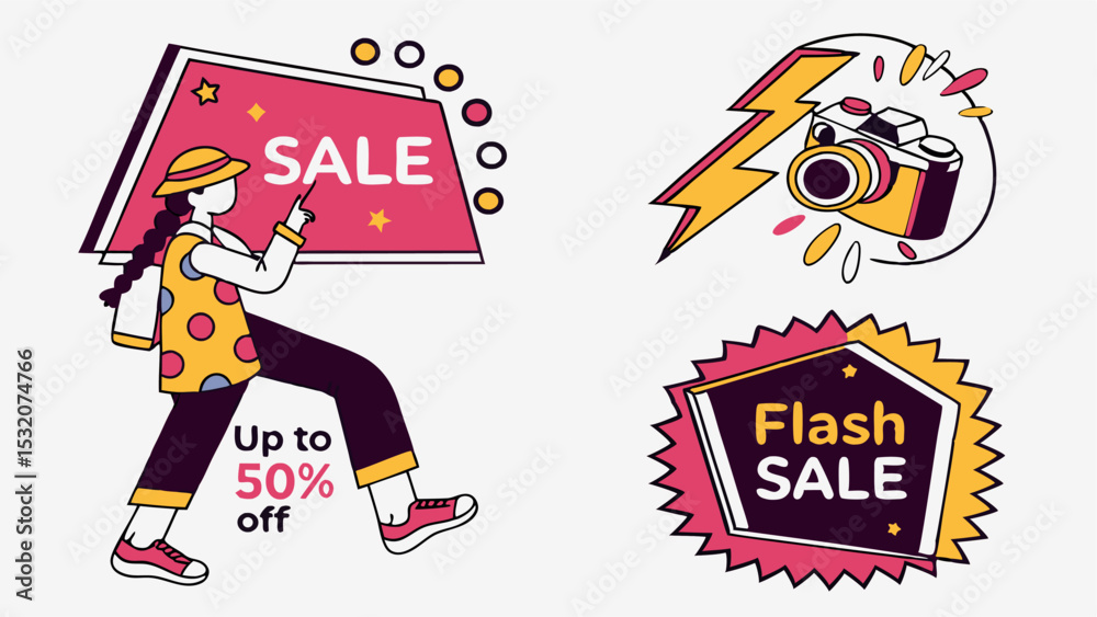 Fototapeta premium Illustration featuring a woman with a sale sign, camera with lightning bolt, and a flash sale badge design
