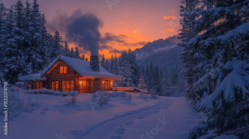 Cozy winter cottage surrounded by snow-covered pine trees, light shining through the windows, smoke rising from the chimney, golden hour light creates a peaceful and festive holiday atmosphere