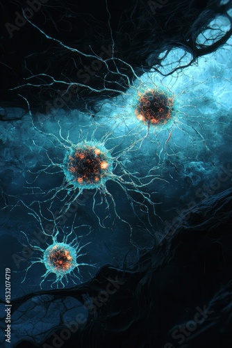 Floating luminous orbs connected by glowing tendrils in a dark mysterious atmosphere