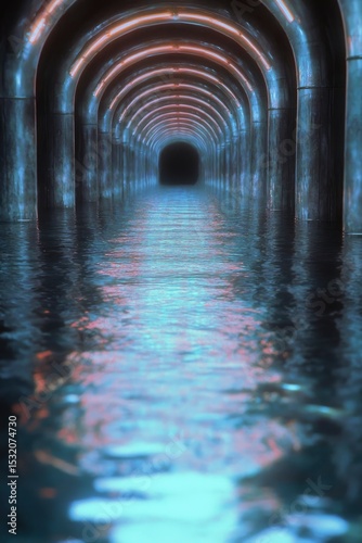 An illuminated tunnel stretches into darkness with water reflecting its colorful lights