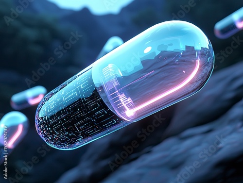 Futuristic capsules with glowing circuits soar through a misty landscape