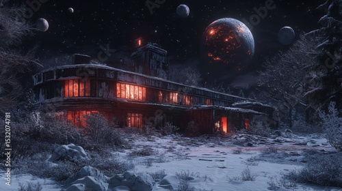 A crumbling industrial building with broken windows, casting eerie shadows illuminated by red lights, is located against the background of a glowing alien planet with many moons.