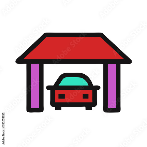 Simple illustration of a red car parked in a colorful garage  