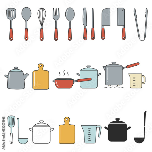 Catering thin line icon set. Containing fork, spoon, knife, plate, cloche, tray, chef hat, beverage, food, dining table, and waiter. Cutlery or tableware in restaurant, kitchen. Vector illustration