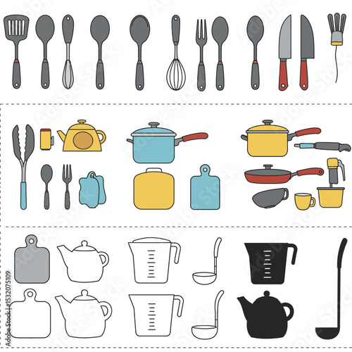 Catering thin line icon set. Containing fork, spoon, knife, plate, cloche, tray, chef hat, beverage, food, dining table, and waiter. Cutlery or tableware in restaurant, kitchen. Vector illustration