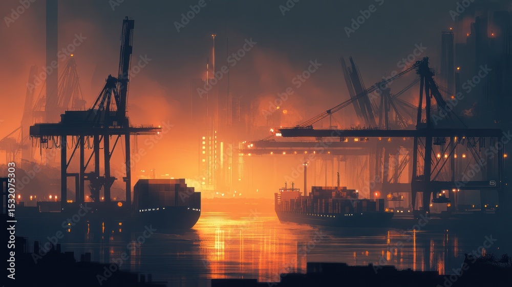Fototapeta premium Nocturnal Harbor: A Symphony of Cargo and Cranes