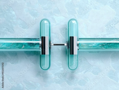 Two transparent capsules connected by a metal rod against a textured icy blue background