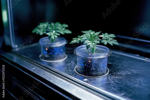 Two small plants growing in clear containers under artificial light