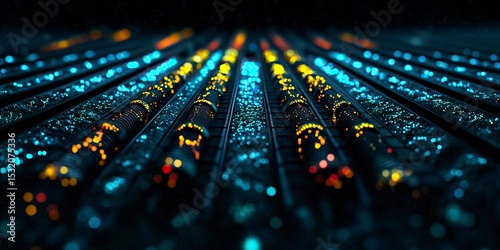 Vividly illuminated circuit pathways resemble a futuristic cityscape at night