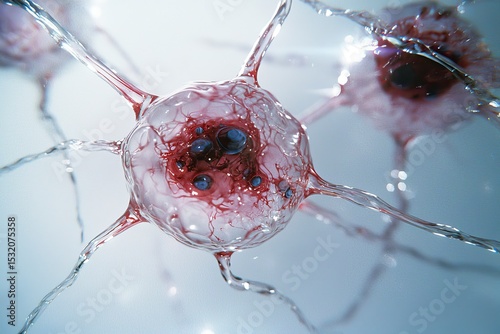 A close up depiction of a neuron with intricate connections and glowing synapses