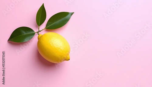 lemon with green leaves on a pink background