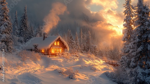 Cozy winter cottage surrounded by snow-covered pine trees, light shining through the windows, smoke rising from the chimney, golden hour light creates a peaceful and festive holiday atmosphere