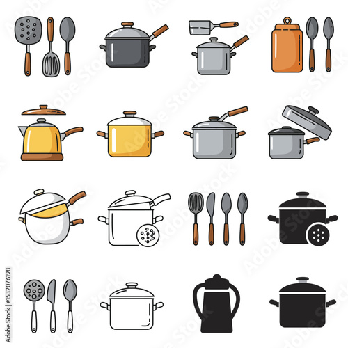 Catering thin line icon set. Containing fork, spoon, knife, plate, cloche, tray, chef hat, beverage, food, dining table, and waiter. Cutlery or tableware in restaurant, kitchen. Vector illustration