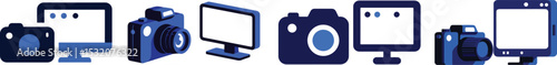 Modern vector illustrations of photography equipment including cameras and computer monitors