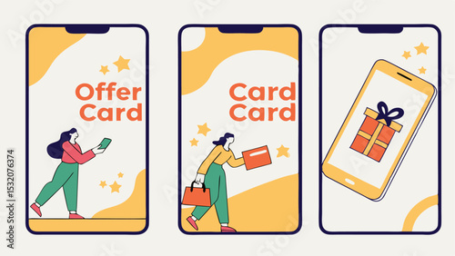 Illustration of three mobile phone screens displaying promotional offers and gift cards with people and stars
