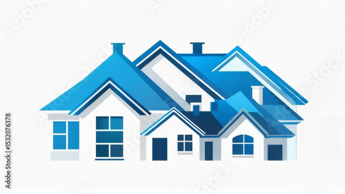 A cluster of stylized blue-roofed houses, representing a neighborhood or housing development.