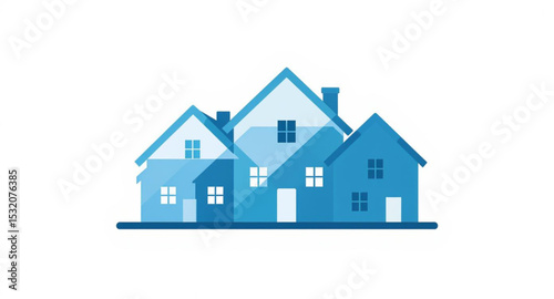 A stylized illustration of several blue houses, overlapping and clustered together.