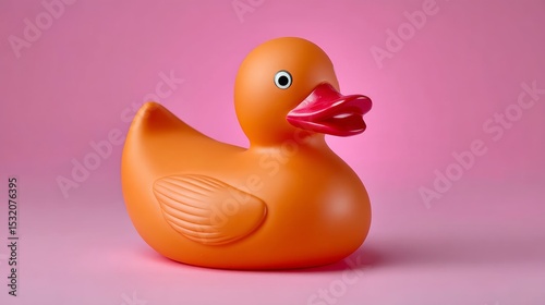 Large orange rubber duck sits on a pink background. The duck is sitting on a table and is the main focus of the image