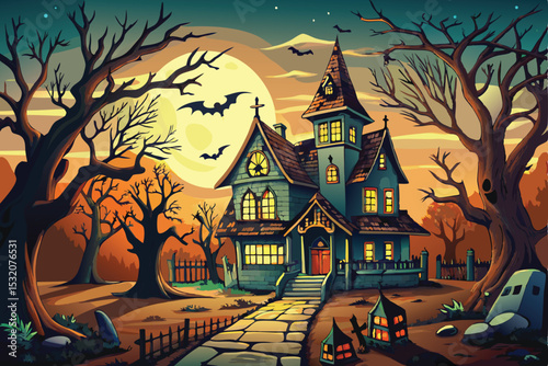 Spooky Halloween night with a haunted house, moon, bats, and pumpkin against a dark sky, perfect for an October celebration card