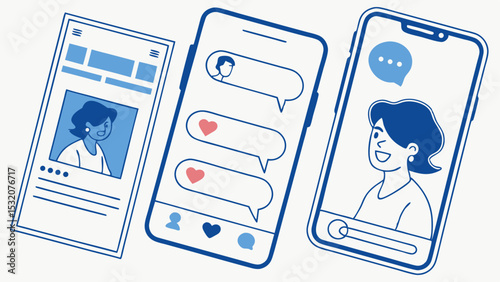 Illustration of three smartphones displaying social media profiles and messaging applications on their screens